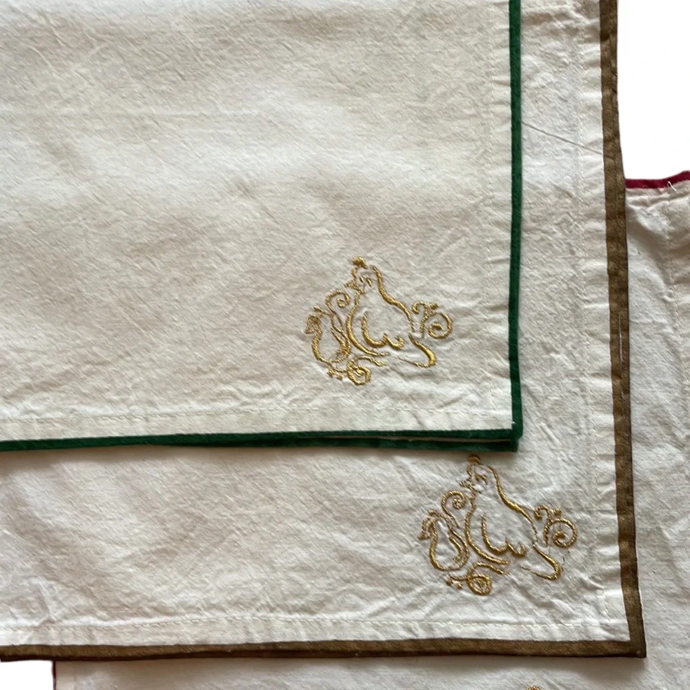CHRISTMAS VINTAGE PIER 1 Cream Cocktail Napkins S/6 Partridge Gold Embroidered